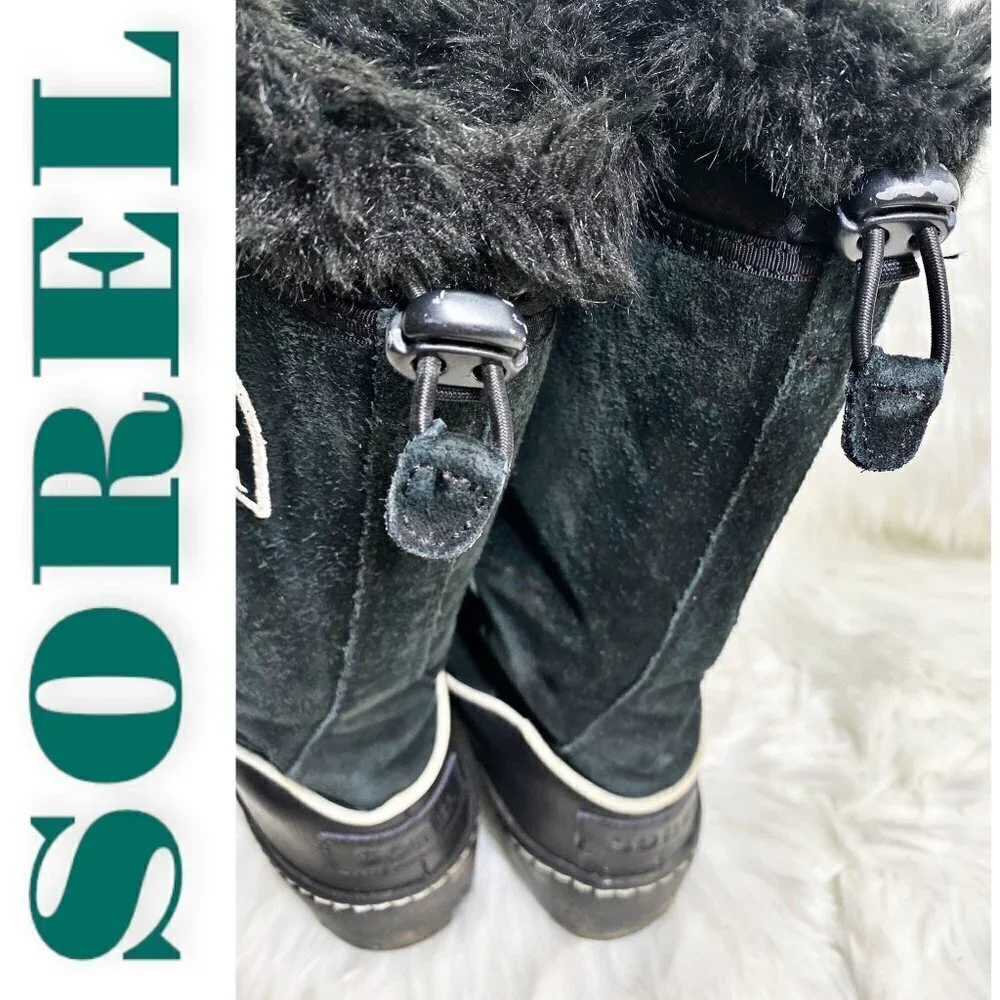 SOREL Tivoli III High Black Suede Faux Fur Trimmed Mid-Calf Boot, Size 7.5‎
